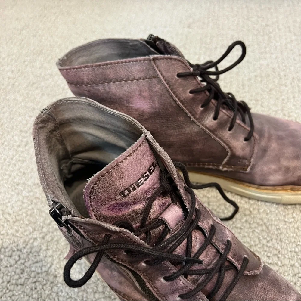 Diesel Mid Distressed Leather Boots Shoes Men’s Size 45 US 12 Side Zip Lace Up,